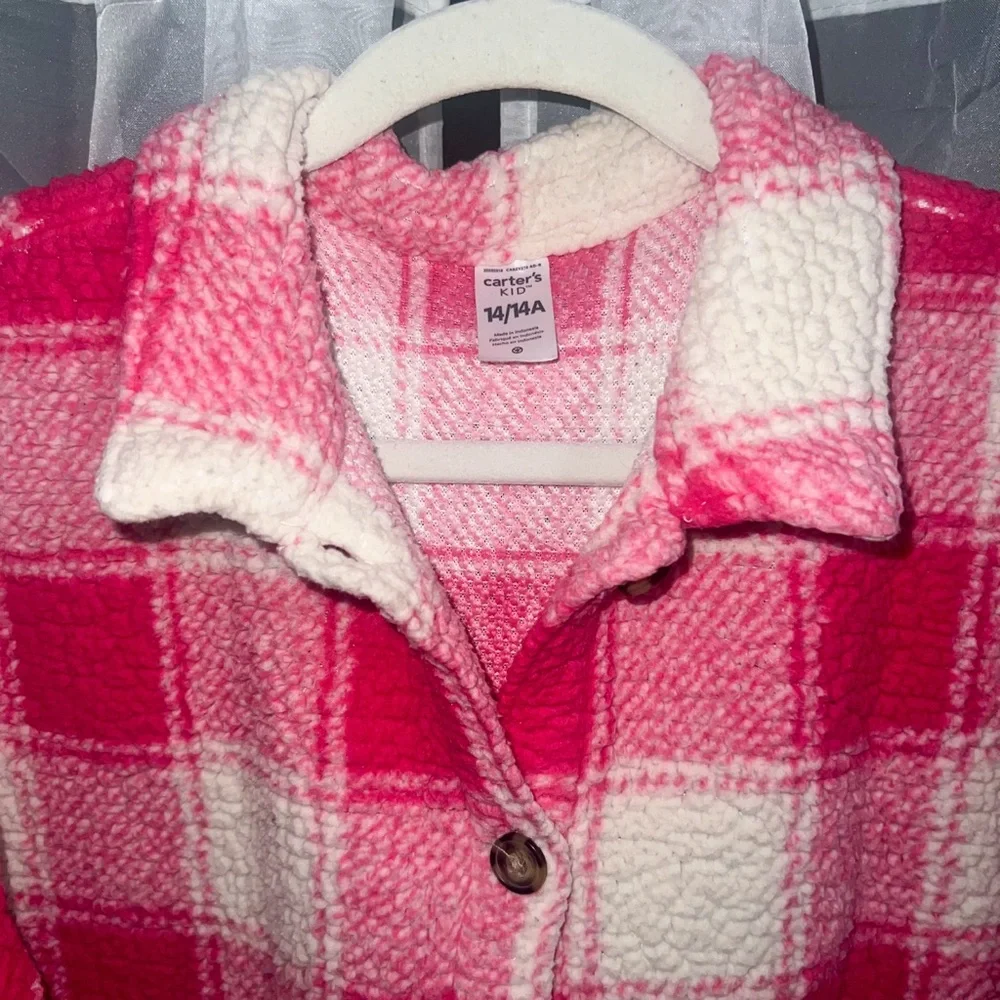 Carter's Buffalo Plaid Button Front Sherpa Shacket - Pink/White, Size 14